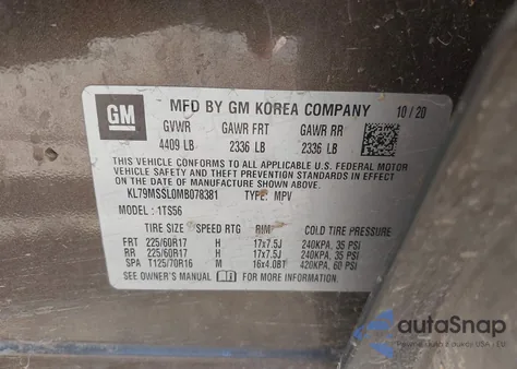 2021 Chevrolet Trailblazer Awd Activ from USA, damaged, VIN KL79MSSL0MB078381